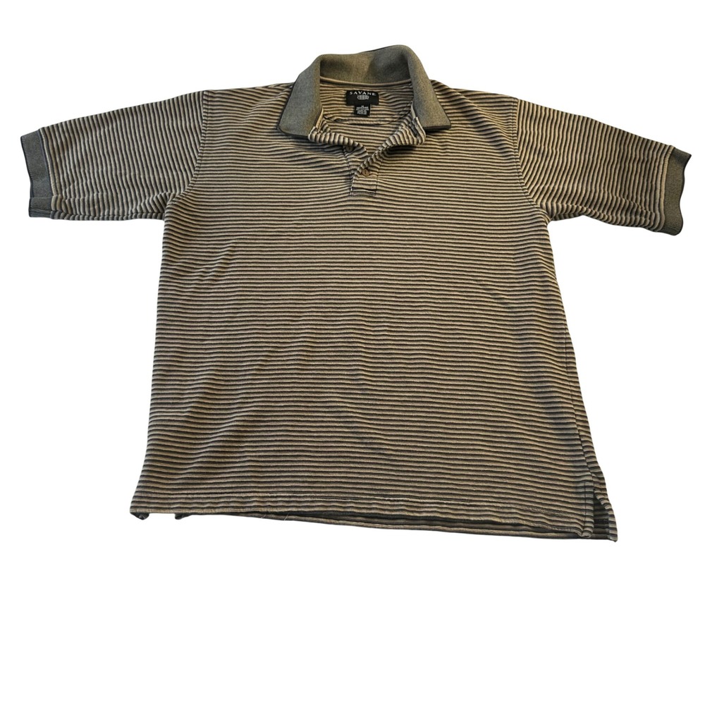 Savane Mens Striped Short Sleeve Polo Shirt Cotton Brown Grey Size M